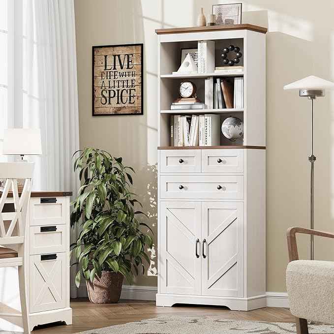 Vabches 70" Tall Bathroom Storage Cabinet, Farmhouse Bathroom Cabinet with 3 Drawers, Adjustable Shelves & Doors, 3 Tier Wood Cabinets for Bathroom, Living Room, Rustic White