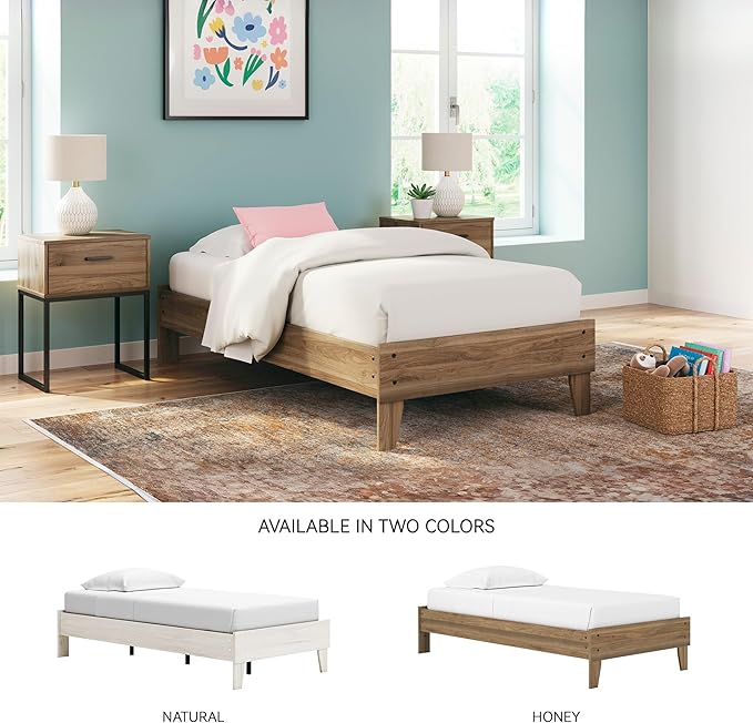 Signature Design by Ashley Deanlow Mid-Century Modern Twin Platform Bed with Metal Slats, Wood, Foundation or Box Spring Not Needed, Honey Brown (Headboard Not Included)