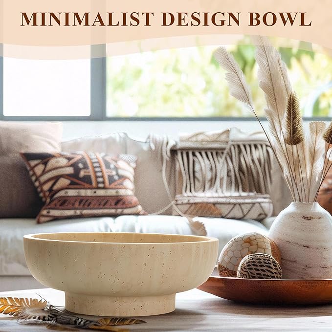 Large Decorative Bowl, Fruit Bowl for Kitchen Counter, Modern Resin Bowl for Home Decor, Key Holder for Entry Table, Artificial Travertine Beige