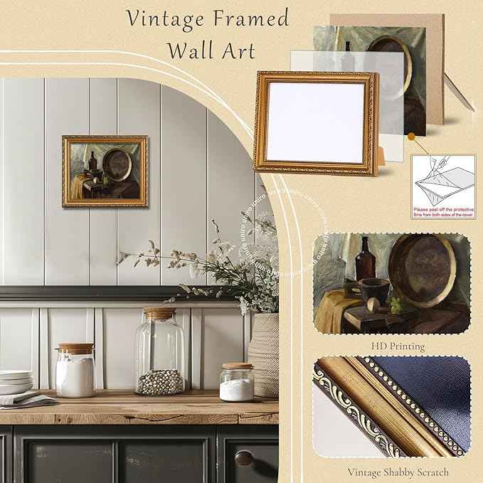 uniro Vintage Gold Framed Wall Art for Home Decor, Farmhouse Wall Decor Still Life Canvas Artwork, Antique Kitchen Wall Art Picture, Rustic Kitchen Art Prints Aesthetic Picture for Dining Desktop Decor- 8x10Inch