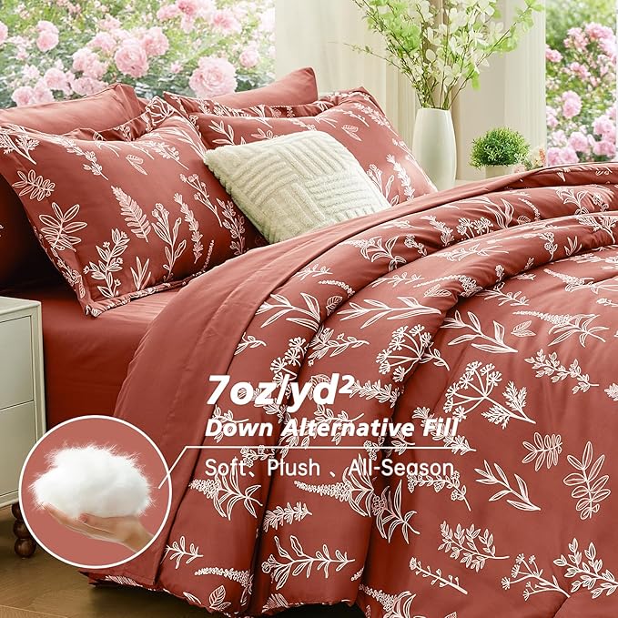 MUXHOMO Brown King Comforter Set, Elegant Floral Print Bed in a Bag 7 Pieces, Ultra Soft & Breathable Reversible Botanical Pattern Bedding Set with Comforter, Sheets, Pillowcases, and Shams