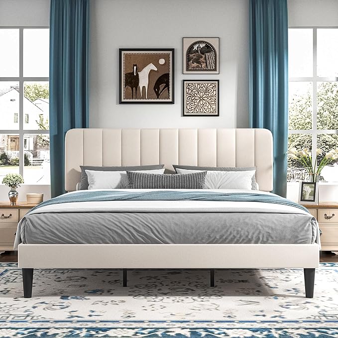 VECELO King Size Bed Frame with Upholstered Headboard, Velvet Platform Bedframe Mattress Foundation, Strong Wood Slat Support, No Box Spring Needed,Velvet Beige