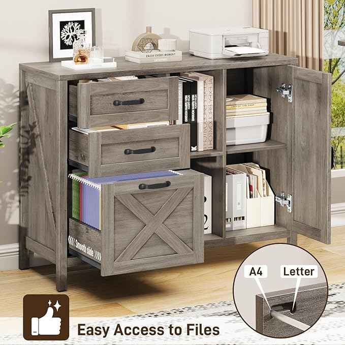 Vabches Lateral File Cabinet, Farmhouse 3 Drawer File Cabinet with Open Storage Shelf for Letter/Legal/A4 Size Hanging Files, Large Wood Storage Cabinets Printer Stand for Home Office, Grey