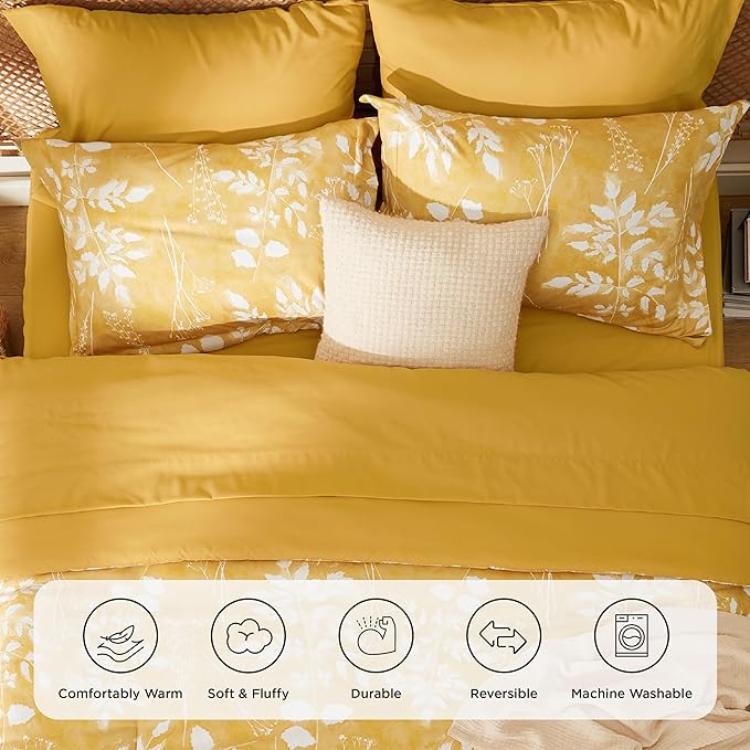 Bedsure Queen Comforter Set - 7 Pieces Floral Yellow Soft Bedding Sets, Queen Bed in a Bag with Botanical Flowers Comforter, Sheets, Pillowcases & Shams