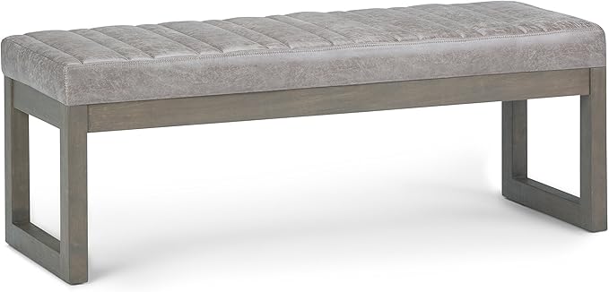 SIMPLIHOME Casey Ottoman Bench - 48 inch Wide Upholstered Vegan Leather Rectangle Ottoman in Distressed Grey Taupe, Contemporary Modern Bench for Bedroom with Quilted Stitching, Assembled