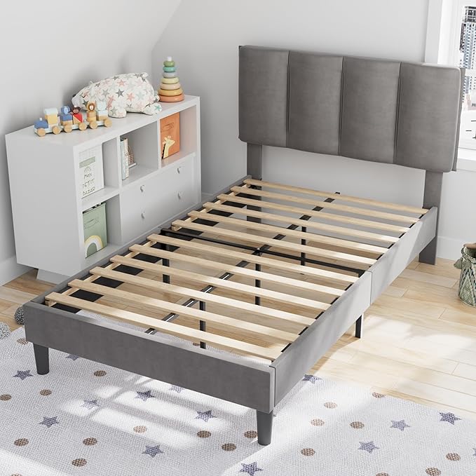 VECELO Twin Size Bed Frame with Upholstered Headboard, Heavy-Duty Bedframe with Wooden Slats & Steel Framework, Easy Assembly, Dark Grey