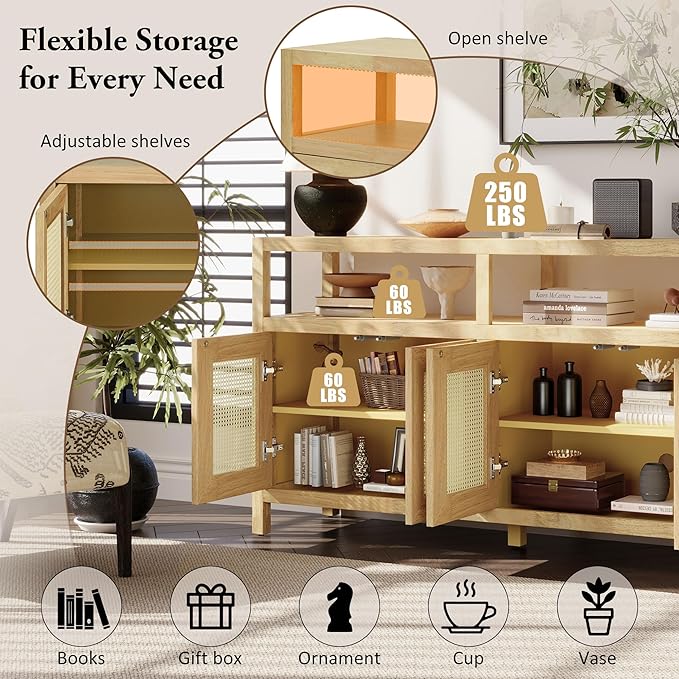 Ball & Cast 60" Rattan Buffet Sideboard Cabinet with Storage, Modern Boho Coffee Bar w/Push-to-Open Doors & Adjustable Shelves, Wood Console Cabinet for Kitchen,Livingroom & Dining Room, Natural