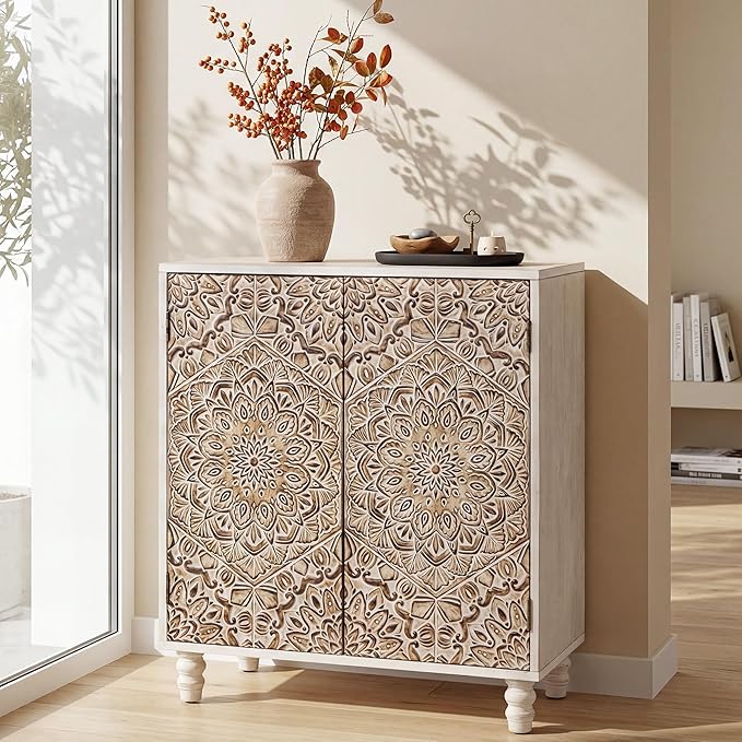 COSIEST Set of 2 32" Buffet Sideboard Cabinets with Vintage Firework Carved Pinewood Doors, Push-to-Open, Storage Accent Cabinet for Living Room, Kitchen, Hallway, Gray