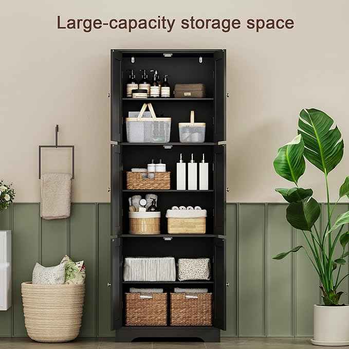 ChooChoo Tall Bathroom Storage Cabinet with 6 Doors, Freestanding Floor Cabinet with Adjustable Shelves, Black Pantry Cabinet for Bathroom, Kitchen, Laundry Room