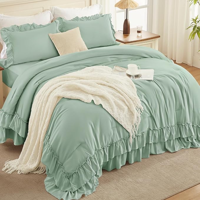 Andency Sage Green King Comforter Set, 3 Pieces Farmhouse Shabby Chic Ruffle Solid Comforter Sets, Lightweight Fluffy Soft Microfiber All Season Bed Set(104x90Inch)