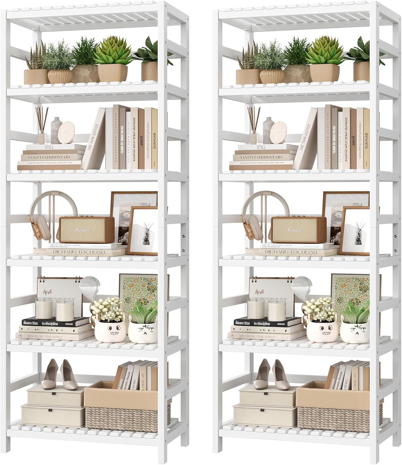 FOTOSOK 6-Tier Bamboo Shelf Set of 2, Bamboo Bookcase with Adjustable Shelves, Free Standing Storage Shelf Unit Plant Flower Stand, Tall Large White Bookshelf for Kitchen, Bathroom, Home Office, White - Décor Diaries