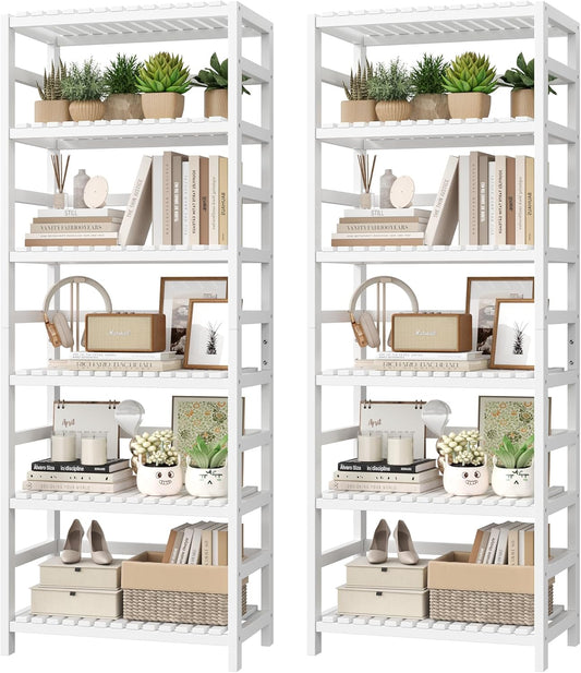 FOTOSOK 6-Tier Bamboo Shelf Set of 2, Bamboo Bookcase with Adjustable Shelves, Free Standing Storage Shelf Unit Plant Flower Stand, Tall Large White Bookshelf for Kitchen, Bathroom, Home Office, White - Décor Diaries