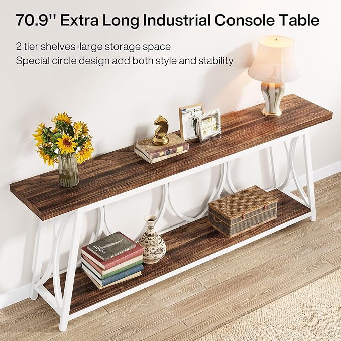Tribesigns 70.9 inch Extra Long Console Table, Industrial Sofa Table Behind Couch with 2 Tier Storage Shelf, Narrow Entryway Hallway Accent Table for Living Room, White & Brown