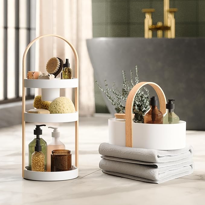 Umbra Bellwood Caddy, Organizer Bin for Makeup and Cosmetics, Durable Lightweight Container with Wooden Handle and Removable Dividers, Small, White/Natural