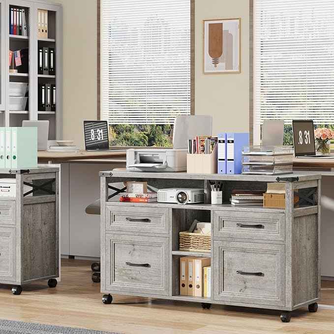 Vabches Farmhouse Filing Cabinet with Adjustable Shelf & Wheels, Lateral File Cabinets, Office Storage Cabinet with 4 Drawers and Open Storage Space, for Hanging Files Letter/A4, for Home Office.Grey