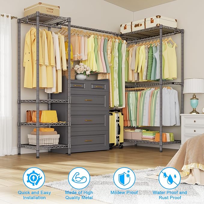 E10L L-Shaped Clothes Rack for Corner（With Expandable Hanger Rod）Heavy Duty Freestanding Clothing Racks for Hanging Clothes，Portable Garment Rack 58-82"W x 30"D x 72"H，Max Load 900LBS，Grey