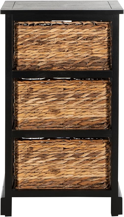 SAFAVIEH Home Collection – Halle Distressed Black Storage Side Table with Wicker Baskets, Farmhouse Accent Storage, Fully Assembled (AMH5738A)