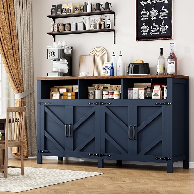 Buffet Sideboard with Storage Farmhouse with 4 Doors, 55'' Large Kitchen Storage Cabinet Wood Coffee Bar Buffet Table for Kitchen, Dining Room (Blue, 55 in)