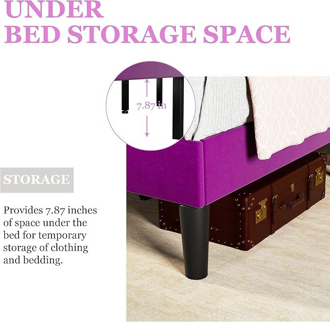 VECELO Twin Size Bed Frame, Upholstered Platform with Adjustable Diamond Tufted Headboard, Wood Slat Support, No Box Spring Needed, Purple