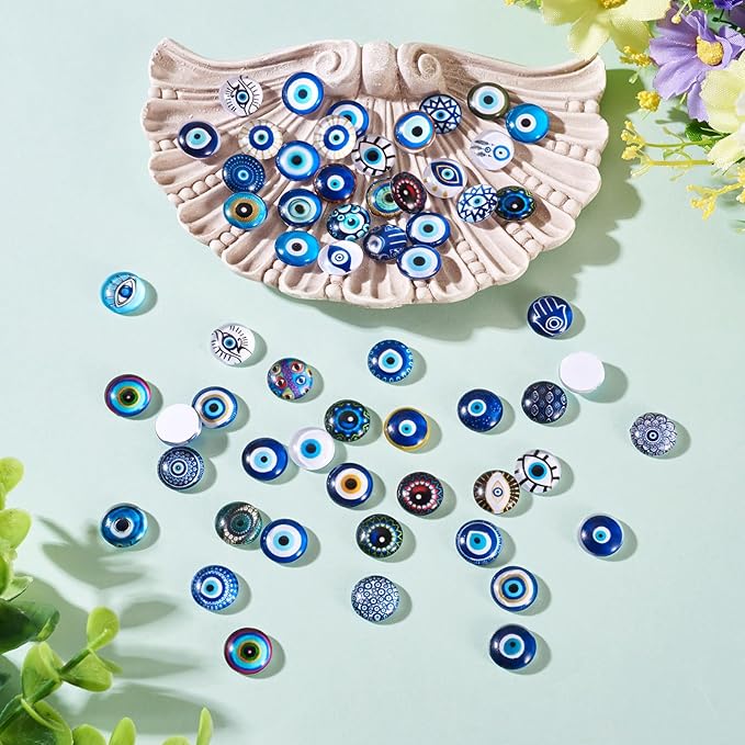 Craftora 100Pcs 12mm Transparent Glass Cabochons Mixed Blue Evil Eye Printed Cameo Dome Tiles Flat Back Glass Covered Dome Tiles for DIY Bracelets Necklace Scrapbooking Art Crafts