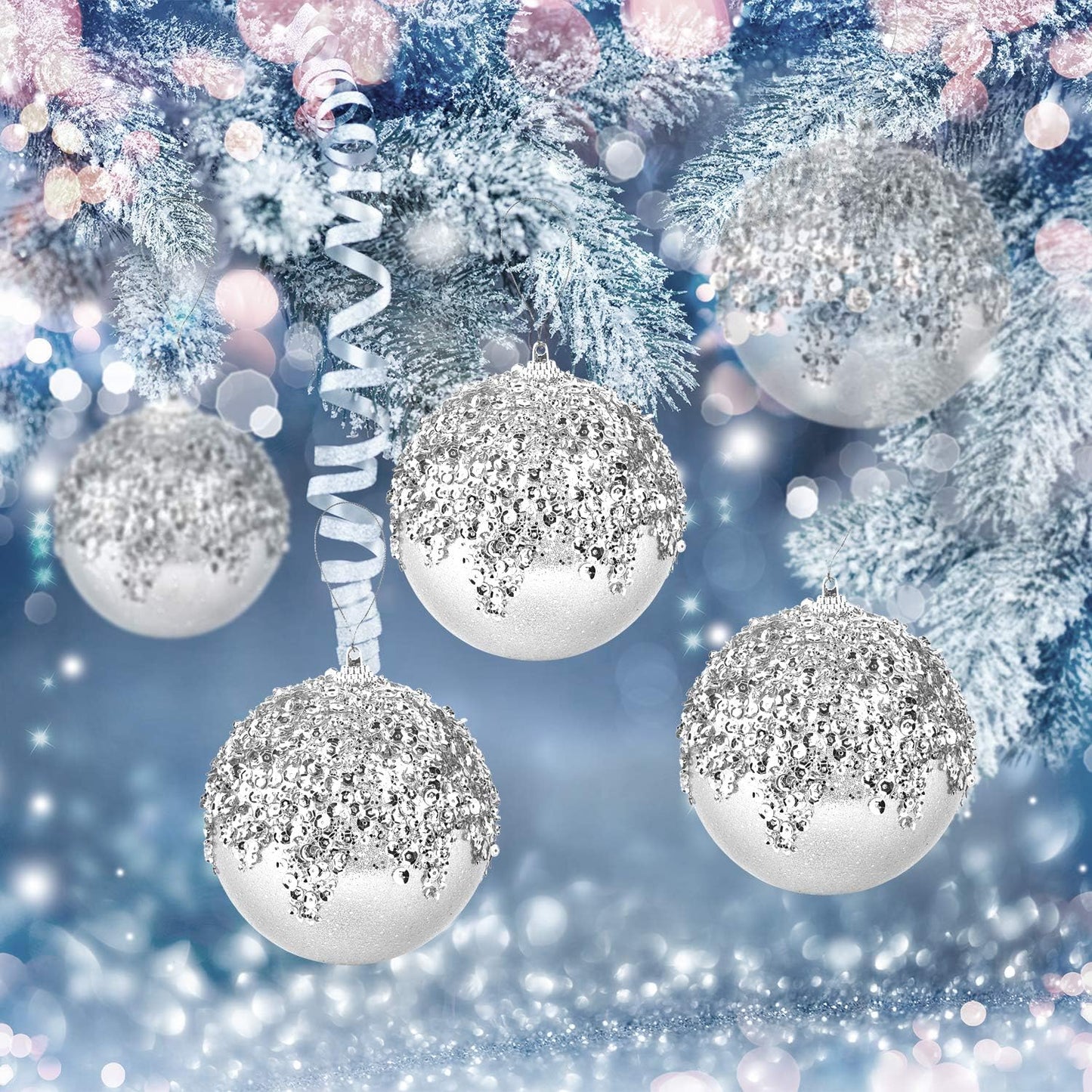 4" Christmas Ball Ornaments, 4pc Set Silver Shatterproof Christmas Decorations Tree Balls for Xmas Trees Wedding Party Holiday Decorations