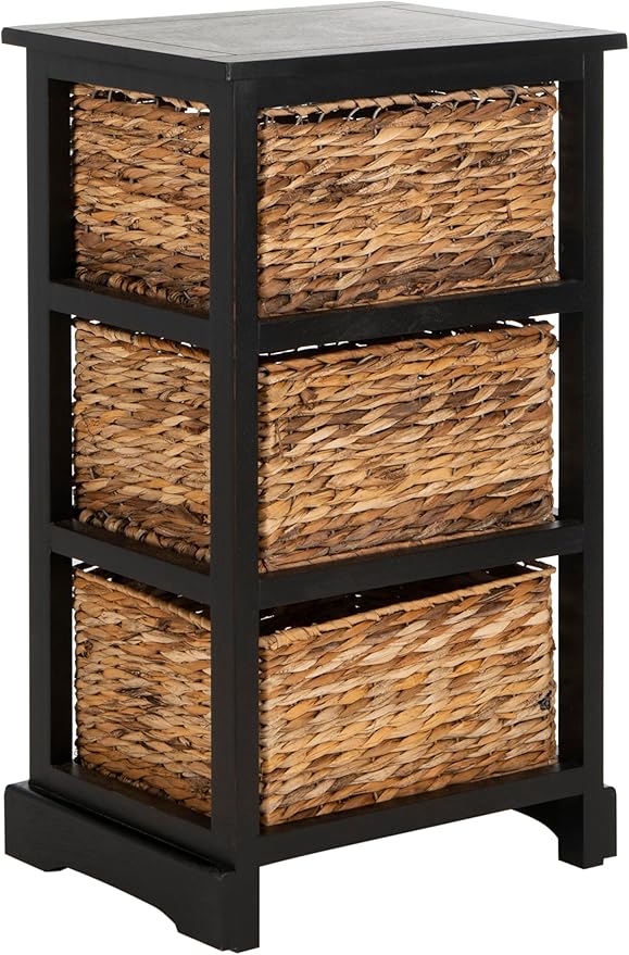 SAFAVIEH Home Collection – Halle Distressed Black Storage Side Table with Wicker Baskets, Farmhouse Accent Storage, Fully Assembled (AMH5738A)