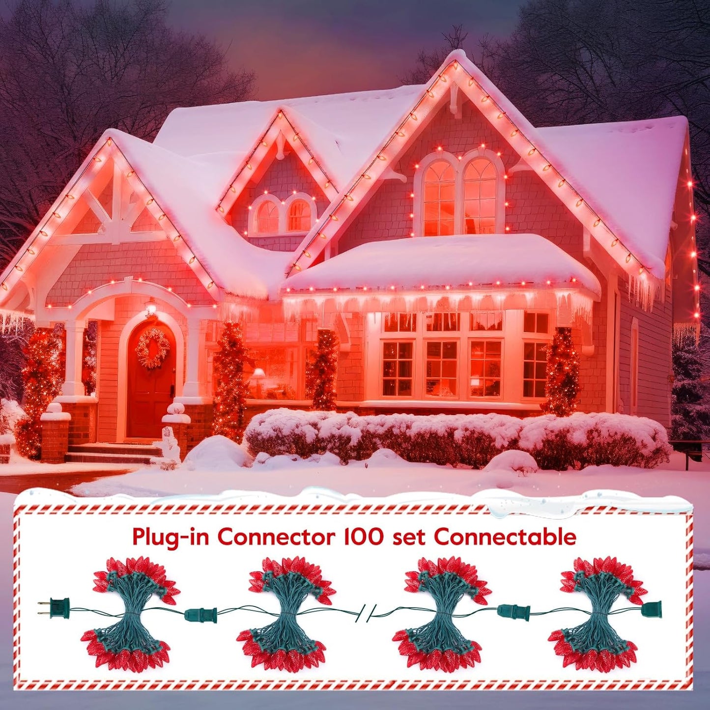 Brightown C9 LED Christmas String Lights, 33ft 50 LED Waterproof Strawberry String Lights, Extendable Green Wire Lights String for Outdoor Indoor Patio Party Decoration, Red