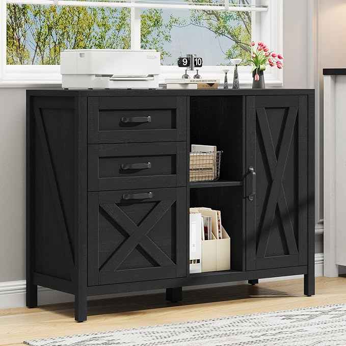 Vabches Lateral File Cabinet, Farmhouse 3 Drawer File Cabinet with Open Storage Shelf for Letter/Legal/A4 Size Hanging Files, Large Wood Storage Cabinets Printer Stand for Home Office, Black