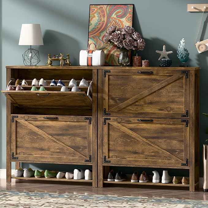 Vabches Shoe Storage Cabinet, 5-Tier Farmhouse Freestanding Organizer with 2 Flip Drawers, Wooden Shoes Rack Cabinets Storage Organizer with Doors for Entryway, Hallway, Closet, Rustic Brown