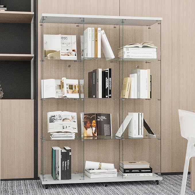 Beauty4U Glass Display Cabinet with 12 Shelves, Extra Large 3 Columns 2 Doors Curio Cabinets for Living Room, Bedroom, Office, White Floor Standing DIY Glass Bookshelf, Quick Installation
