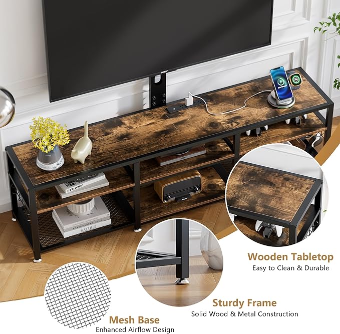 VECELO TV Stand with Mount and Power Outlets, Entertainment Center for 60/65/70/75/80 inch TVs, Height Adjustable Media Console with Storage Shelves, for Living Room, Bedroom, Rustic Brown