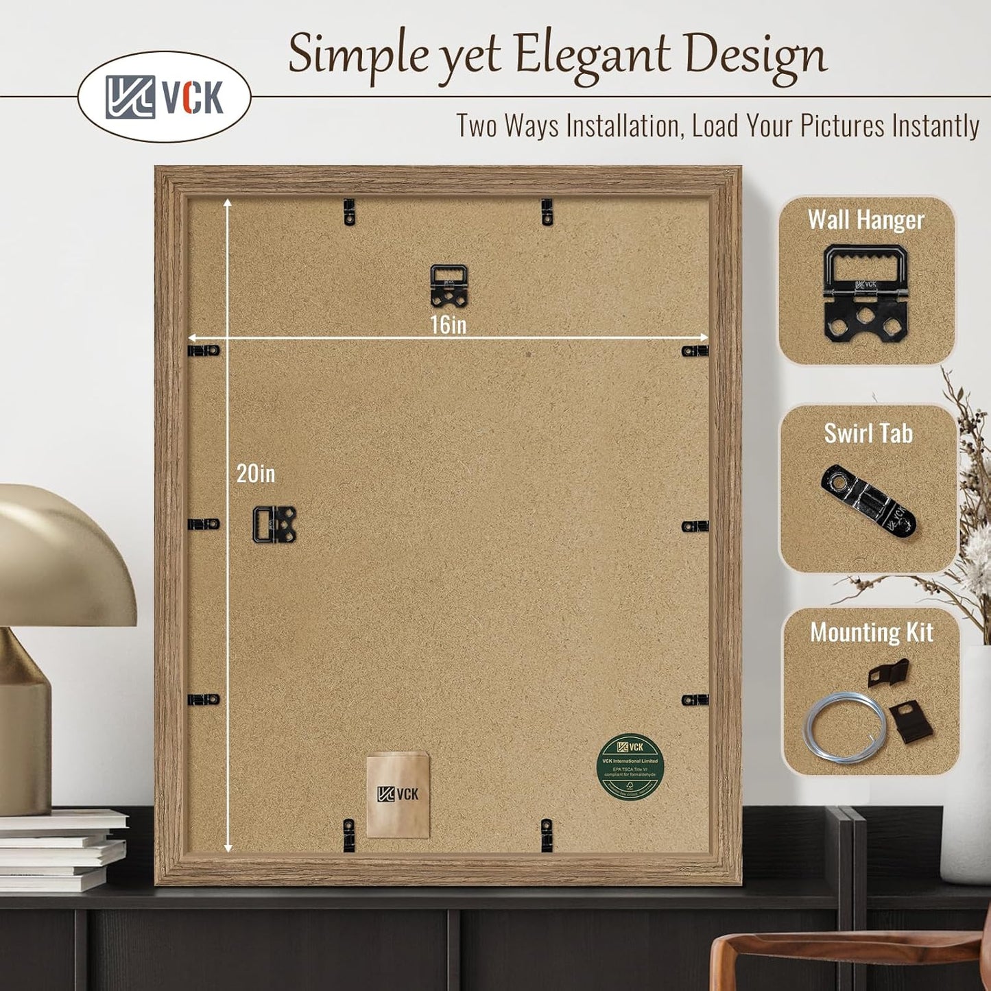 VCK 16x20 Picture Frames for Wall 3 Pack, Brown Walnut Wood Poster Frame, Exclusive Wood Grain, Wall Mounting Hanging