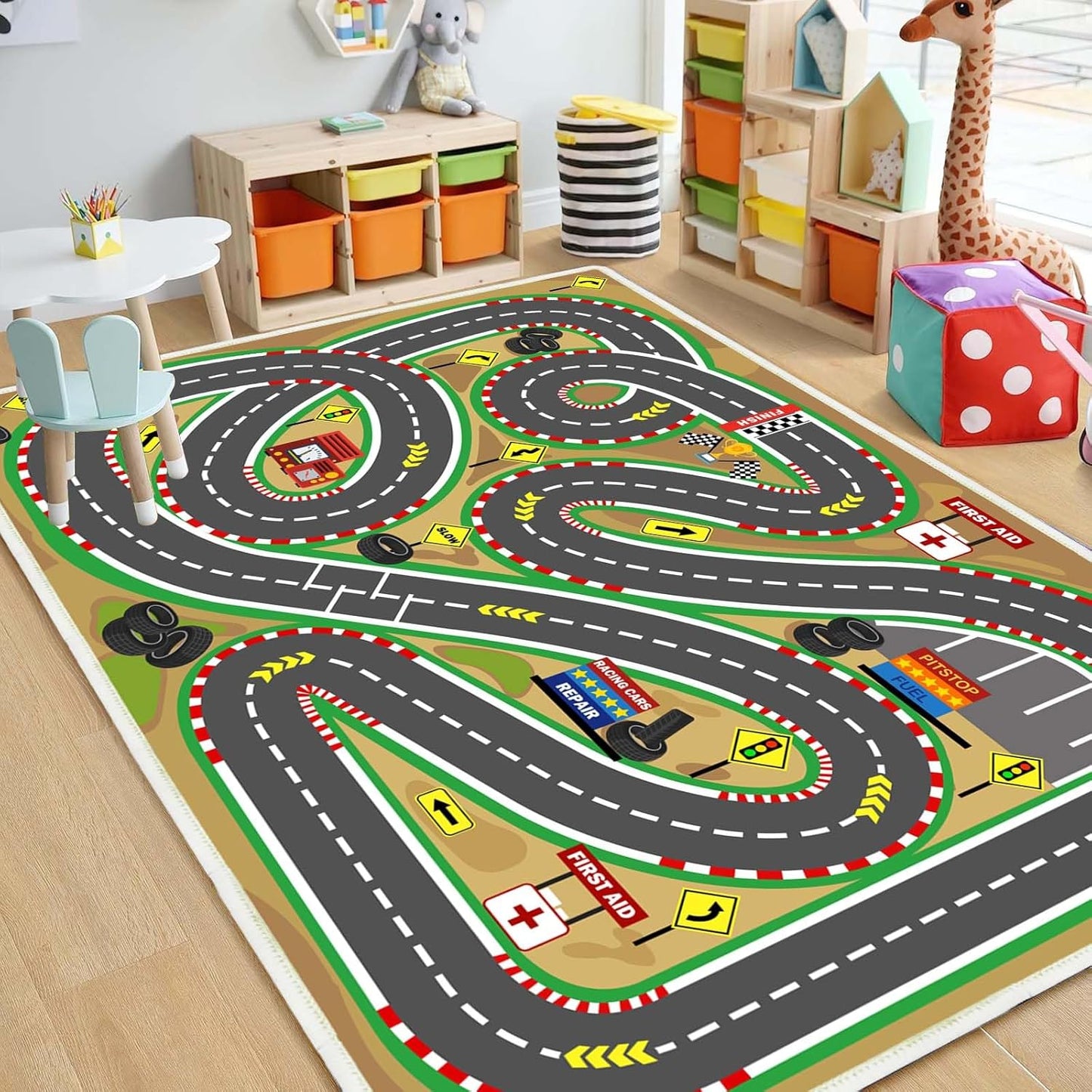 Kids Rug Play mat Playroom Rugs Car Rugs for Kids Toy Cars Race Track for Classroom Rug (Race-Brown, 4x6ft)