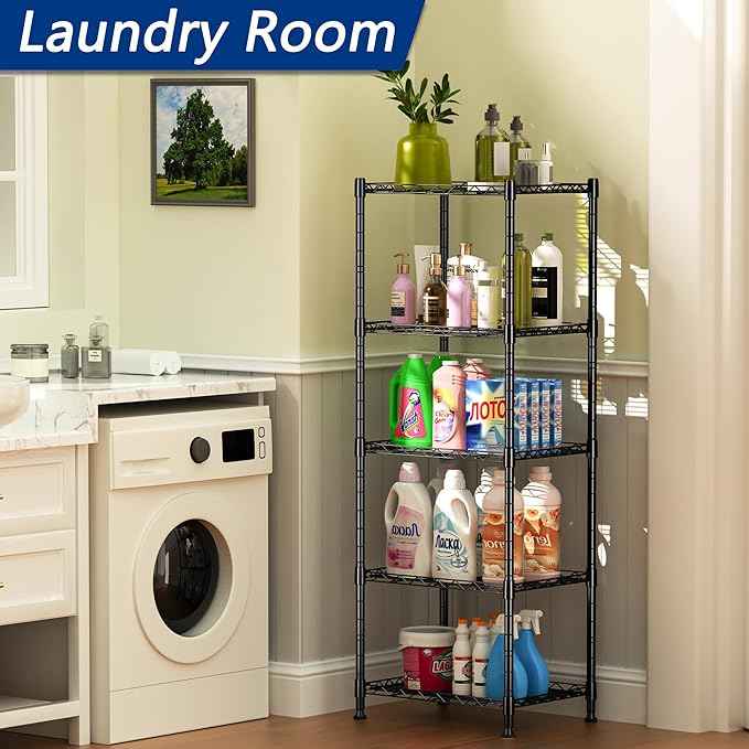 REGILLER 5-Wire Shelving Metal Storage Rack Adjustable Shelves,Standing Storage Shelf Units for Laundry Bathroom Kitchen Pantry Closet(Black,11.8" D x 16.6" W x 53.5" H)