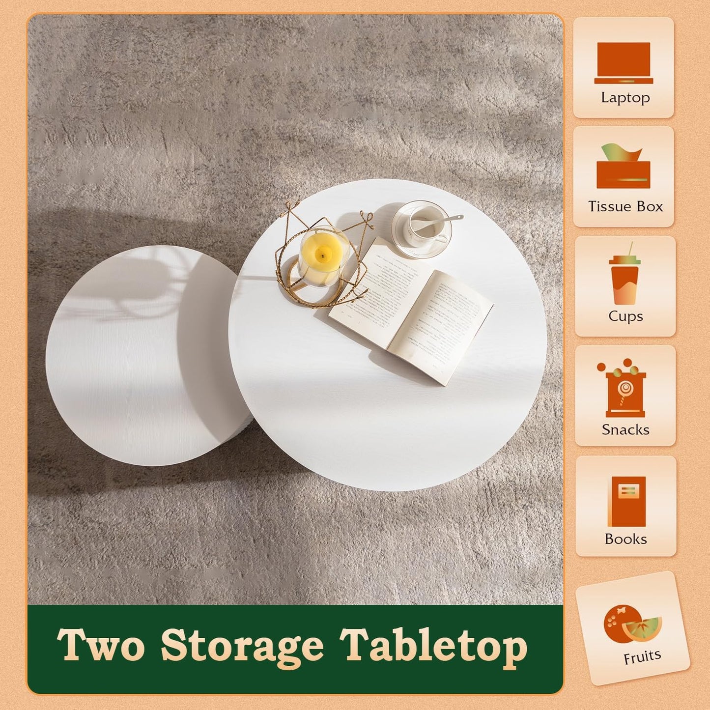 Round Nesting Coffee Table Modern Fluted Coffee Table Set of 2 Circle Drum Coffee Tables Small Round Accent Side End Table for Living Room No Assembly (White B 27in)