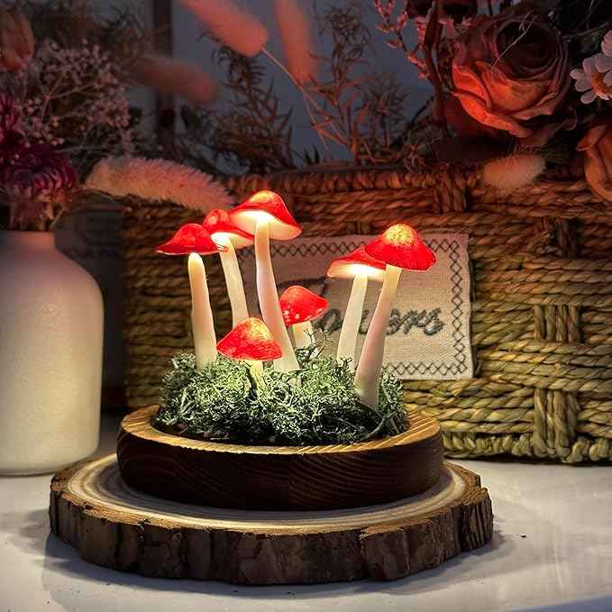 Mushroom Lamp, Decor LED Light in Glass Dome with Base for Home Bedroom Decor Birthday with Birthday Valentines Anniversaries Gifts Box (red)
