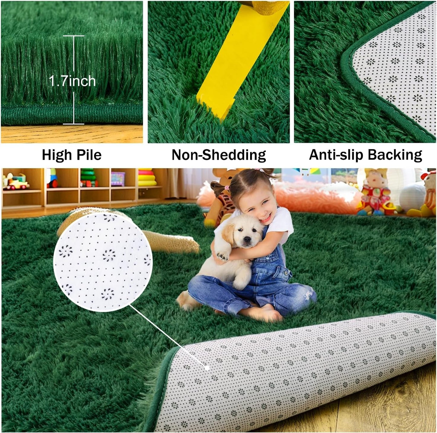 Rezutan Fluffy Rug for Living Room Bedroom, Large Comfy Modern Shaggy Fuzzy Kids, Plush Indoor Nursery Classroom Home Decor Bedside Rug with Non-Slip Bottom, Blackish Green, 8 X 10 Feet