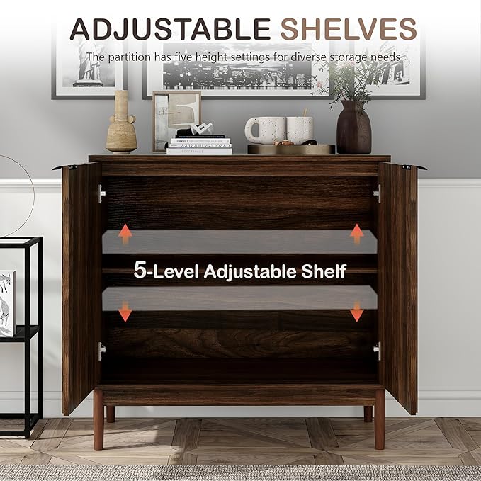 Fluted Cabinet with Storage, Buffet Cabinet Sideboard with Door, Kitchen Buffet Storage Accent Cabinets with Adjustable Shelves for Living Room, Entry, Hallway, Brown, Walnut