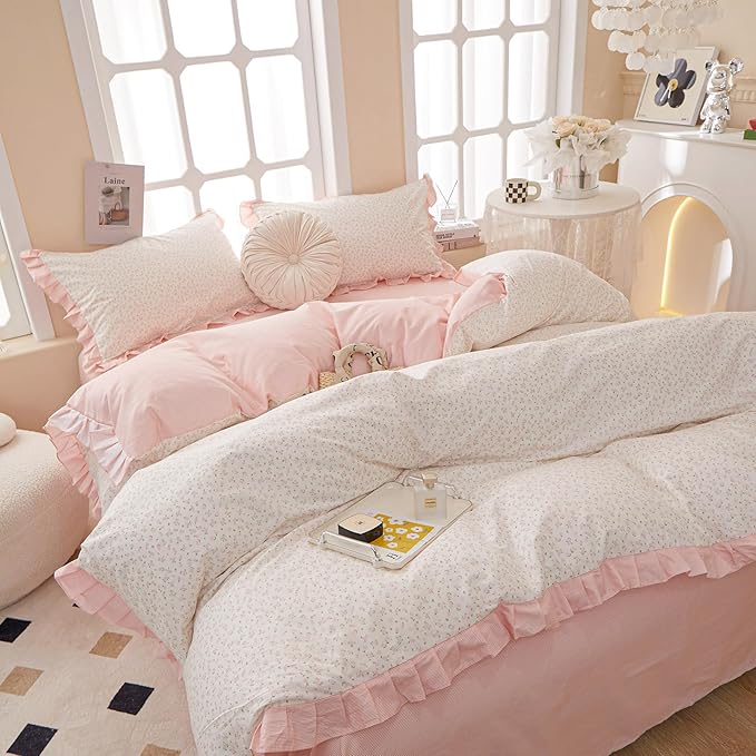 Pink Floral Comforter Set Queen Romantic Girls Ruffle Lace Bedding Set Queen Fluffy Soft Botanical Flowers Comforter with 2 Pillowcases Lightweight Bedding Cottagecore Comforter Set for All Season