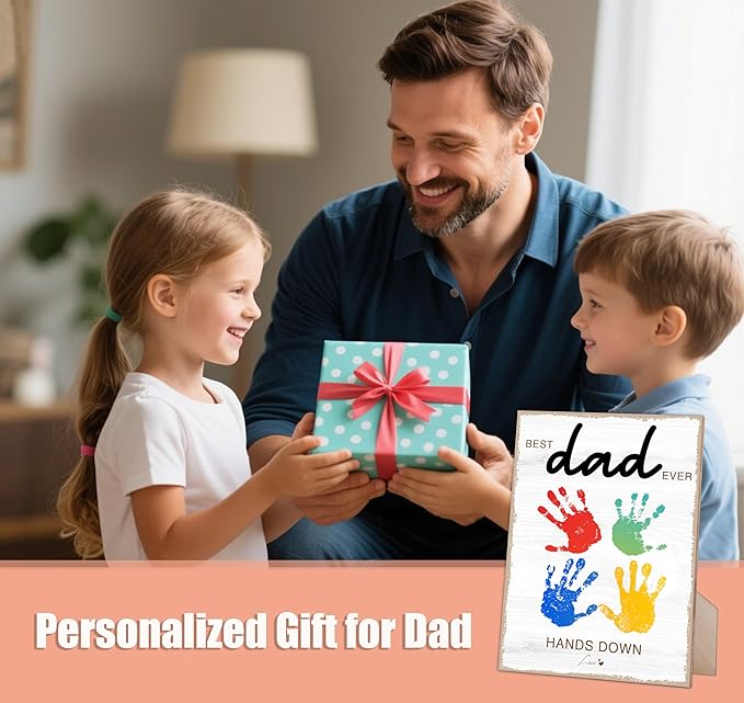 Hands Down Best Dad Ever Handprint Art Wooden Sign with Stand and Hook, DIY My 1st Father Day Crafts Keepsake, 9x12 Inch Personalized Gifts for Dad Daddy from Wife Daughter & Son