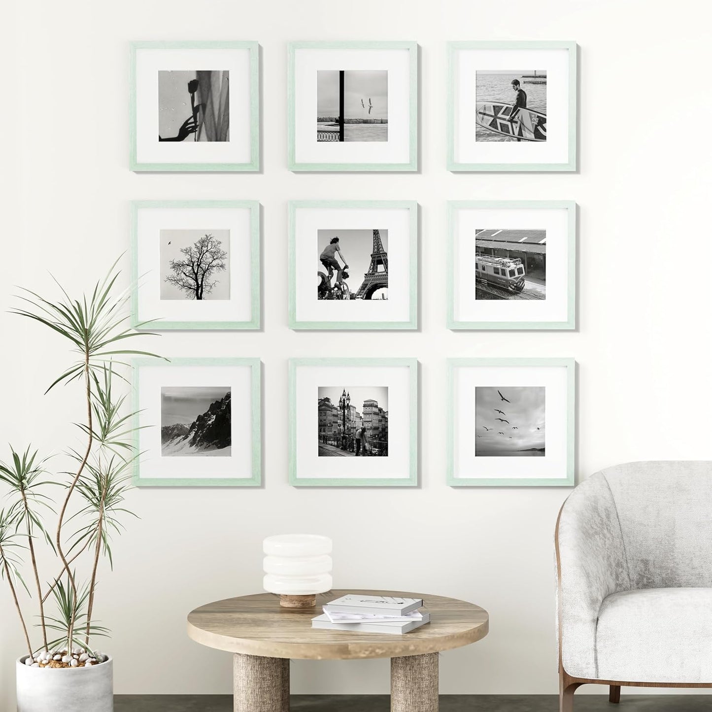 Vittanly 12x12 Picture Frames Set of 9, Shatter Resistant Plexiglass, Display 8x8 Pictures with Mat or 12x12 without Mat, Photo Frames for Wall Mount, Engineered Wood, Vintage Green