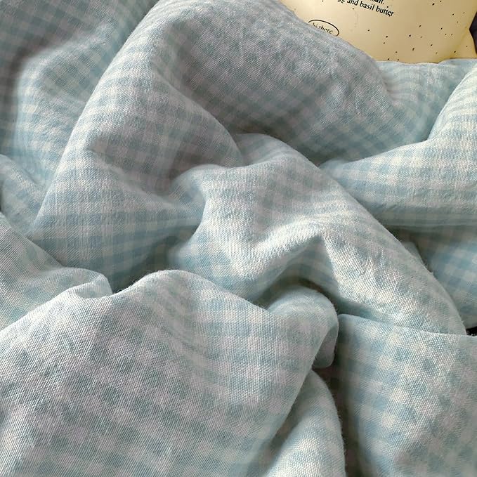LifeTB Blue Gingham Comforter Set King Romantic Lace Bedding Comforter with 2 Pillowcases Vintage Plaid Checkered Comforter Farmhouse Grid Bedding Set Blue Plaid Comforter Set for All Seasons