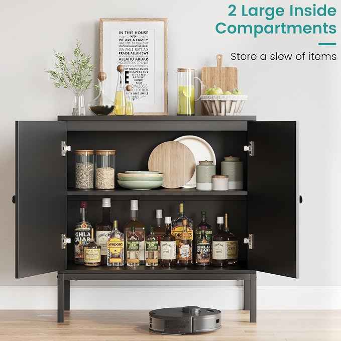 IDEALHOUSE Rattan Buffet Cabinet with Doors and Shelves, Black Console Cabinet for Living Room, Dining Room, Hallway