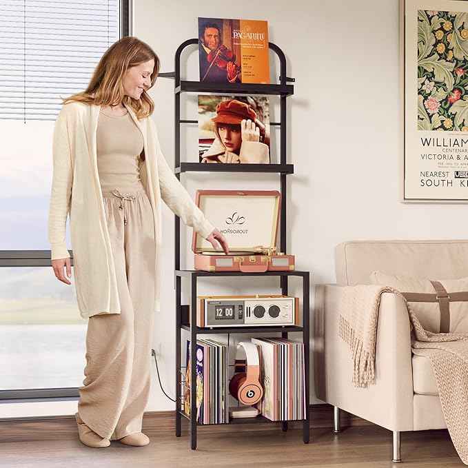 Record Player Stand with Vinyl Storage - 5-Tier Turntable Table with Power Outlet, Adjustable Feet, Metal & Wood Cabinet - Console Organizer Display Shelf for Living Room, Apartment
