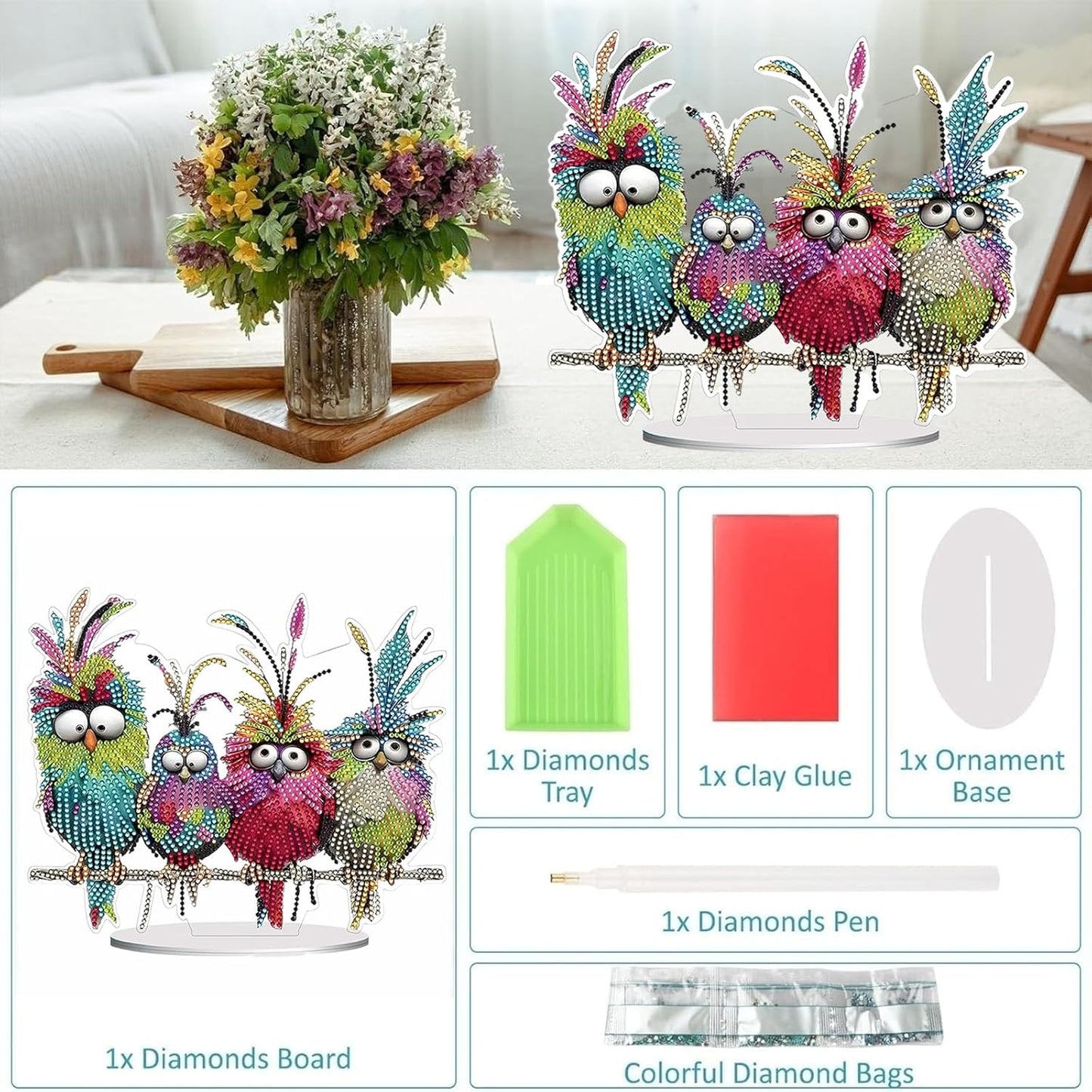 Diamond Painting Kits for Adults Beginners, 5D Full Drill Birds Crystal Art Desktop Ornament, DIY Single Sided Home Office Desk Decor, Creative Craft Gift Set with Tools