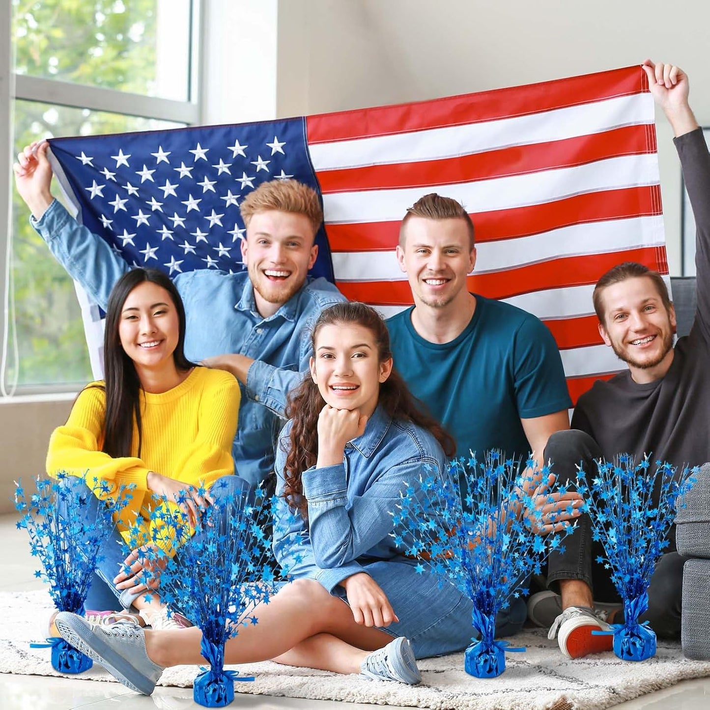 Crowye 18 Pieces Metallic Foil Spray Centerpiece Party Star Table Decoration Burst Metallic Table Centerpieces for Birthday Party Season Holiday(Blue)