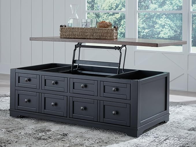 Signature Design by Ashley Wildenauer Lift Top Cocktail Table, Satin Finish Base, 2 Drawers, 2 Storage Bins, Hardwood Solids, 52" W x 28" D x 19" H, Light Brown & Black