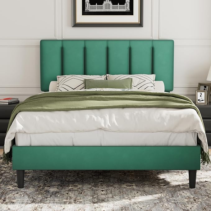 VECELO Queen Size Bed Frame with Adjustable Headboard, Upholstered Platform Bedframe with Wood Slat Support, No Box Spring Needed, Easy Assembly, Dark Green