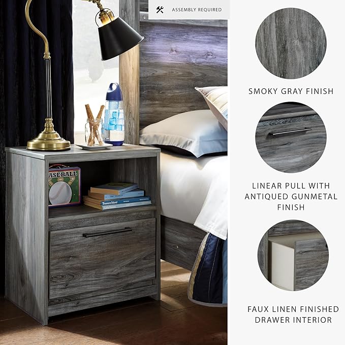 Signature Design by Ashley Baystorm Rustic Coastal 1 Drawer Nightstand with 1 Open Cubby & 2 Slim-Profile USB Charging Stations, 24.45" Tall, Smoky Gray