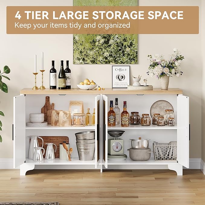 Garvee Natural Rattan Storage Cabinet with Shelves, 4-Door Sideboard Buffet Cabinet, Boho TV Stand Console Table for Living Room, Entryway, Dinning Room